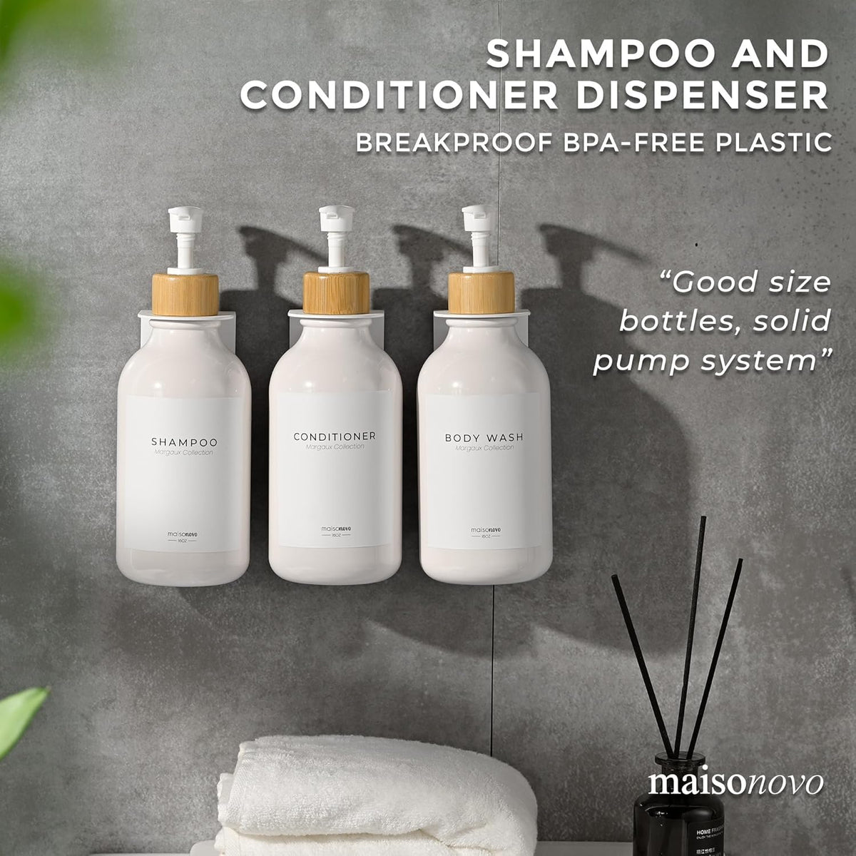 MaisoNovo Shampoo and Conditioner Dispenser - Shower Soap Dispenser Wall Mounted - 16.9 fl oz Set of 3 White Plastic Bottles Bamboo Pump - 3 Chamber No Drill