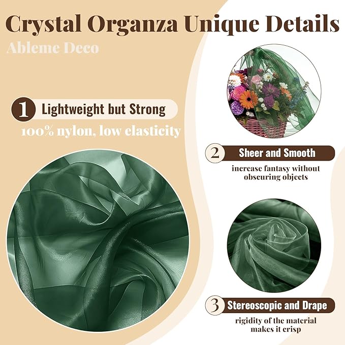 Organza Fabric by The Yard, 60 Inch Wide 3 Yards (9 ft) Long Sheer Fabric for DIY Sewing Projects Wedding Decorations Party Backdrops Curtains (Hunter Green)