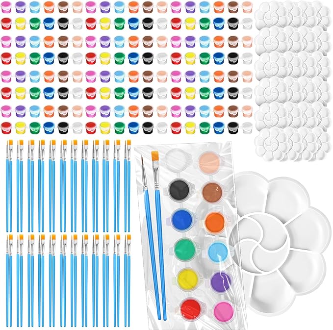Fulmoon 12 Set Acrylic Paint Kits for Kids Adults Washable Mini Painting Kit Arts Crafts Party Favors Filled Strips Brushes Palettes Bulk for Classroom Home Kit Supplies (Vivid Color)