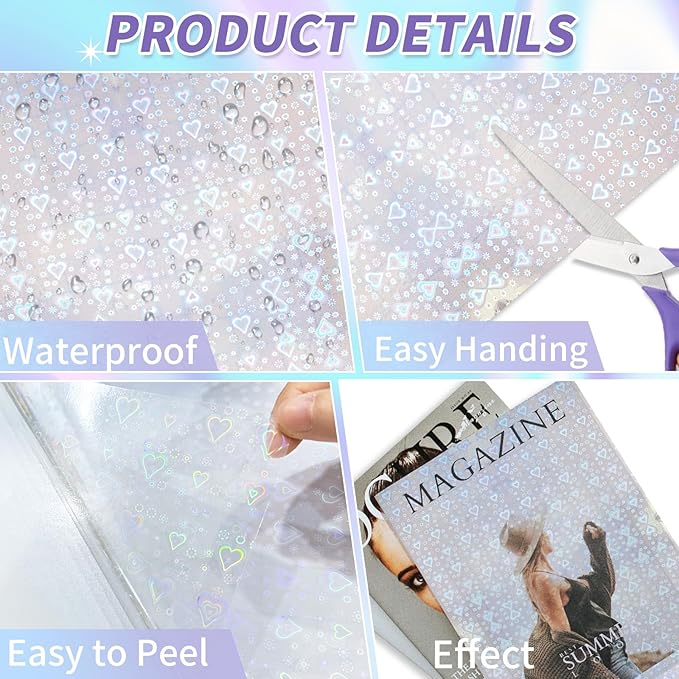 36 Sheets Holographic Sticker Paper,Holographic Laminate Sheets,A4 Size Clear Vinyl Sticker Sheets Self-Adhesive Rainbow Overlay Sheets,11.7 x 8.3 Inches（Heart）