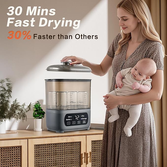 4-in-1 Baby Bottle Steamer and Dryer, Electric Steamer with Fast Drying, Universal Fit for All Bottles, LED Touch Screen & Auto Shut-Off Protection (Grey)