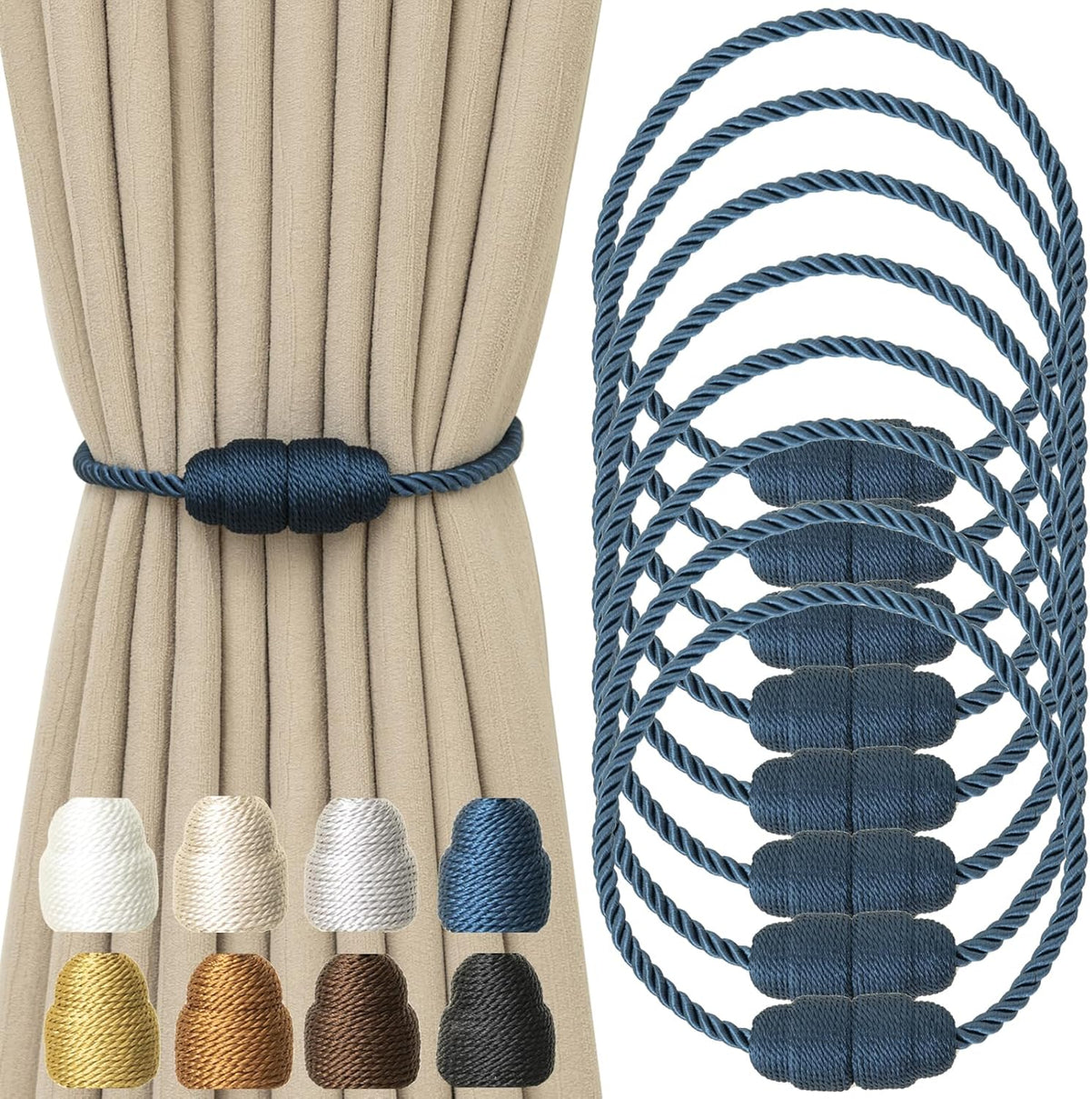 Magnetic Curtain Tiebacks Rope Curtain Tie Backs for Curtains 8 Pack Curtain Holders for Drapes Decorative Window Curtain Holdbacks, Blue