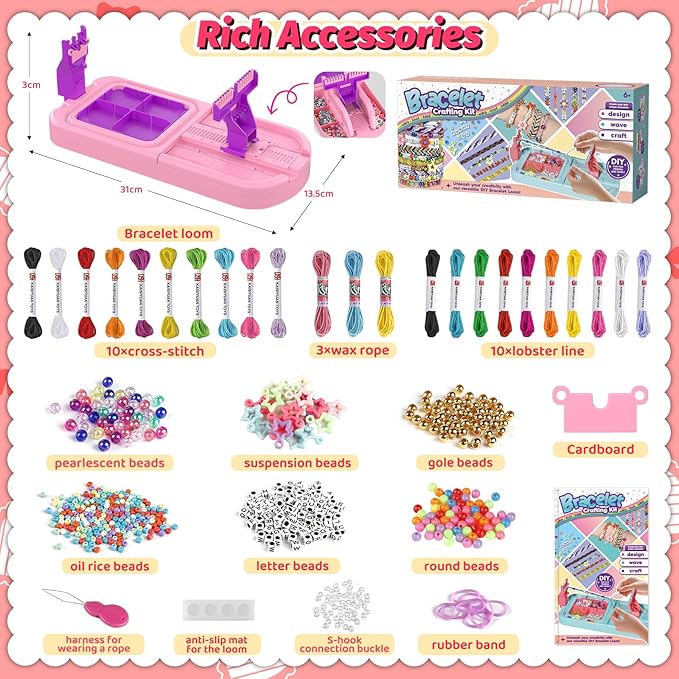 Friendship Bracelet Making Kit, Arts and Crafts Loom Bracelet Maker for Kids, Jewelry String Making supplies with 3 Thread Styles & 6 Bead Types, Christmas Birthday Gifts for Girls Ages 6 7 8 9 10+