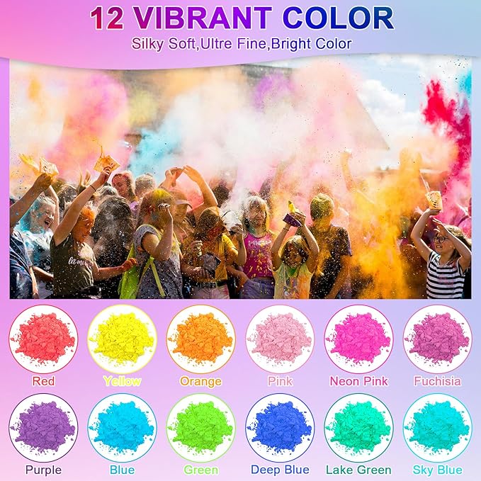Matio Color Run Powder, 12 Pack 3.5oz/100g Each Natural Holi Powders Assorted Coloring Rangoli Bulk, Washable Chalk Powders Paint for Color War, Summer Camp, Photography Smoke, Gender Reveals