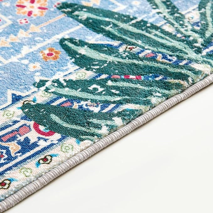 Oriental Tropical Hallway Runner Rug 2x8 Washable, Thin Stain Resistant Blue Boho Runner Rug for Entryway Kitchen Bedroom Laundry, Vintage Abstract Hippie Indian Botanical Long Floor Carpet