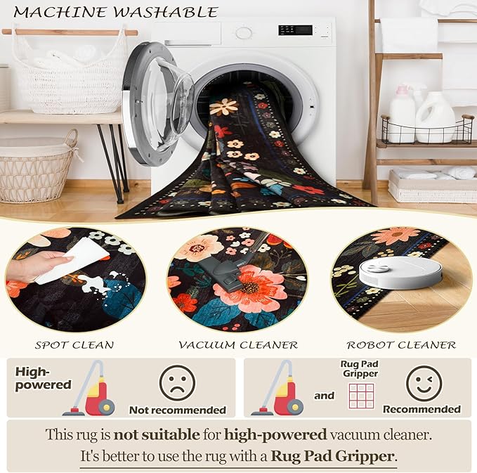 Floral 6x9 Area Rug Machine Washable Soft Print Boho Carpet Non Slip Doormat Low Pile Flower Area Rugs for Living Room Bedroom Nursery Kitchen Dining Room Indoor-Black