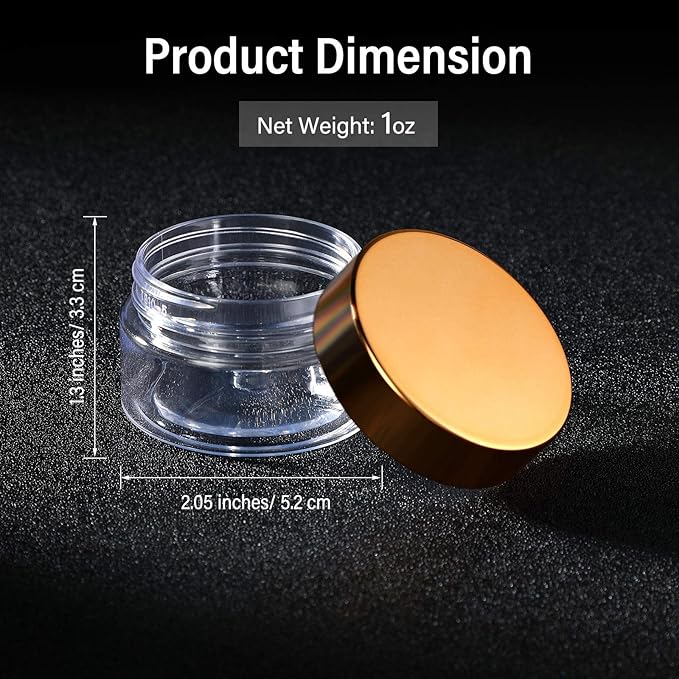 SATINIOR 24 Pieces Empty Clear Plastic Jars with Lids Round Storage Containers Wide-Mouth for Beauty Product Cosmetic Cream Lotion Liquid Butter Craft and Food (Gold Lid,1 oz)