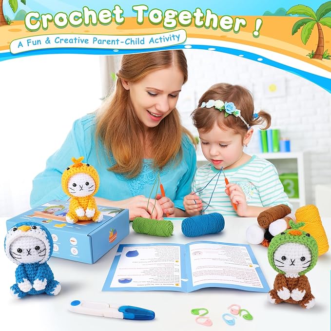 Crochet Kit for Beginners, 3 Pack Duck Cat Crochet Kits with Step-by-Step Video Tutorials, Beginner Crochet Kit for Adults Kid, Crochet Animal Kit for Starters, DIY Craft Gift for Cat Lover