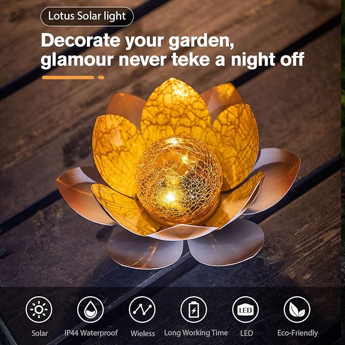 Garden Solar Lights Outdoor(2Pack) , Amber Crackle Globe Glass Lotus Decoration , Waterproof Orange Metal LED Flower Lights for Patio,Lawn,Walkway,Tabletop,Ground, Garden Gifts for Women