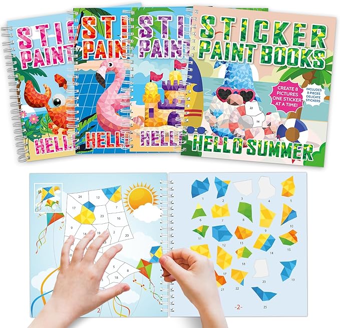 4Pcs Summer Paint by Sticker Books for Kids Ages 4-8 Hello Summer Sticker by Number Books Activity Book for Kids Age 3-5 Puzzle Book Craft Art Toddler Gift with Crab Flamingo Sand Castle 32 Pictures