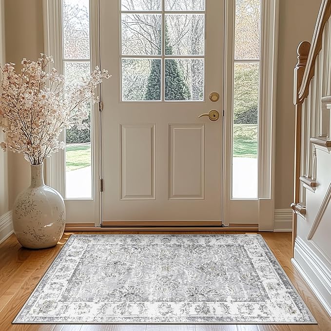 jinchan Floral 3x5 Area Rugs for Entryway - Machine Washable Taupe Vintage Distressed Design Doormat Non-Slip Ultra-Thin Low Pile Boho Rug for Kitchen Living Room Bedroom Farmhouse (3‘x5',Grey)