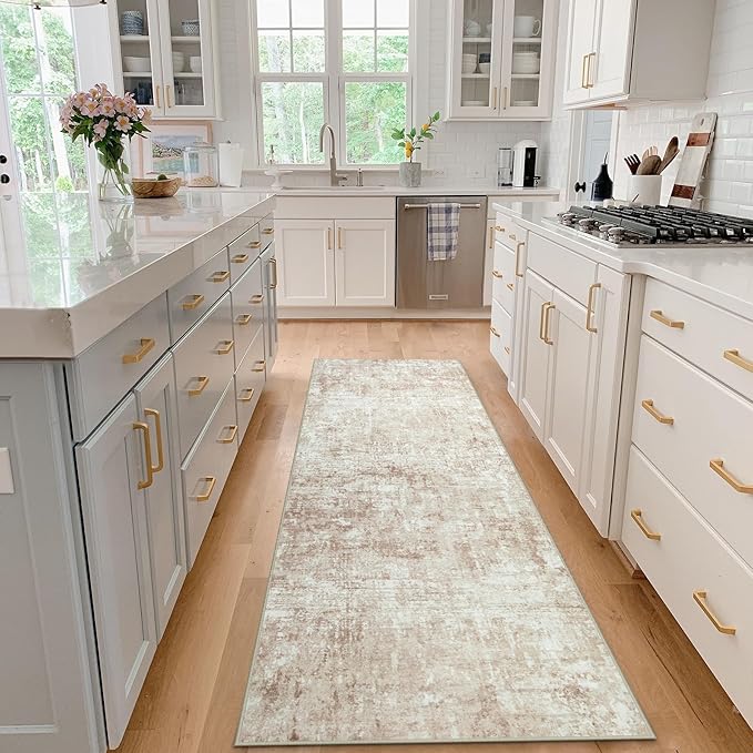Runner Rug for Hallways Kitchen 2'6"x8' Washable, Non Slip Carpet 8ft Area Rugs Entryway Rubber Backed 8 Feet Neutral Abstract Modern Low Pile Indoor Beige