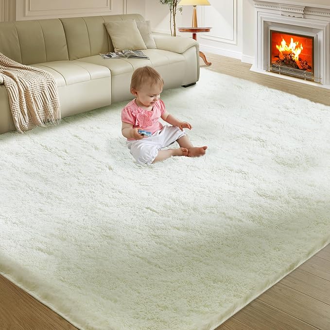 5X8 Ultra Soft Rug for Living Room, Fluffy Shag Area Rug for Bedroom, Modern Shaggy Carpets Fuzzy Rug for Teens Dorm Nursery Home Decor Aesthetic, Upgrade Anti-Skid Durable, Cream White