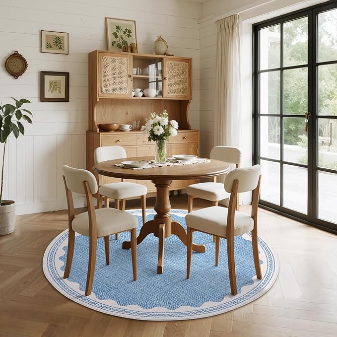 Scalloped Round Rug 6ft, Small Area Rugs Solid Blue Rug for Bedroom Girls, Washable Rugs for Living Room, Non Slip Scalloped Round Bath Mat, Soft Dorm Nursery Carpet for Bedside