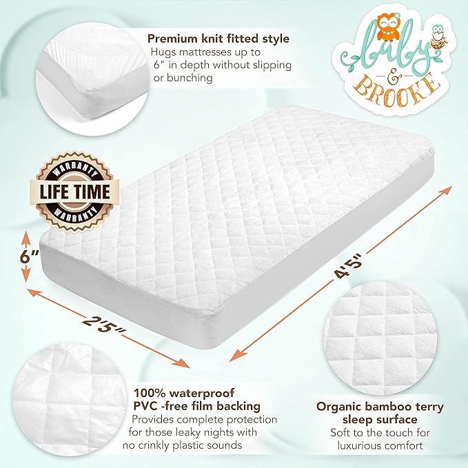 Organic Bamboo from Viscose Fitted Crib Mattress Protector Pad by Baby&Brooke – 100% Waterproof, Absorbent, Non-Toxic, Breathable Mattress Cover - (52"x 28"x 8")