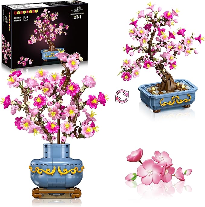 HOGOKIDS Flowers Cherry-Blossom Bonsai Building Set - 2 in 1 Artificial Bonsai Tree Plants for Home Decor & Display Cherry Botanical Flowers Building Toy Birthday Gift for Adults Teens (775PCS)