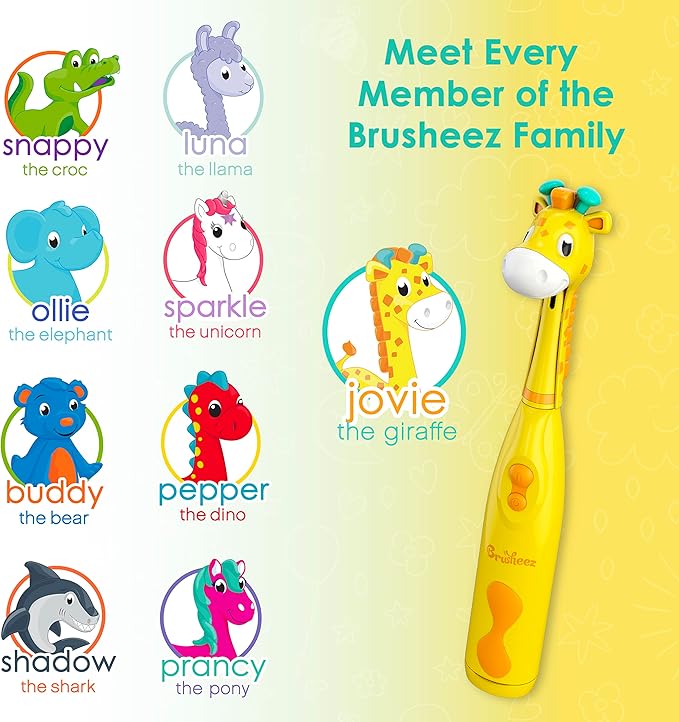 Brusheez Kids’ Electric Toothbrush Set - Safe & Effective for Ages 3+ - Parent Tested & Approved with Gentle Bristles, 2 Brush Heads, Rinse Cup, 2-Minute Timer, & Storage Base (Jovie The Giraffe)
