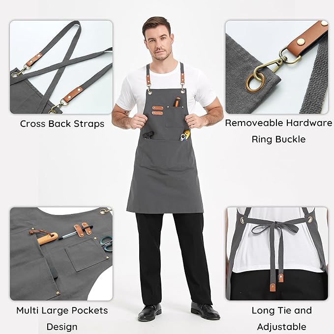 Canvas Aprons, Kitchen Chef Aprons, Work Aprons for Men Women, Adjustable Strap Aprons with 3 Pockets
