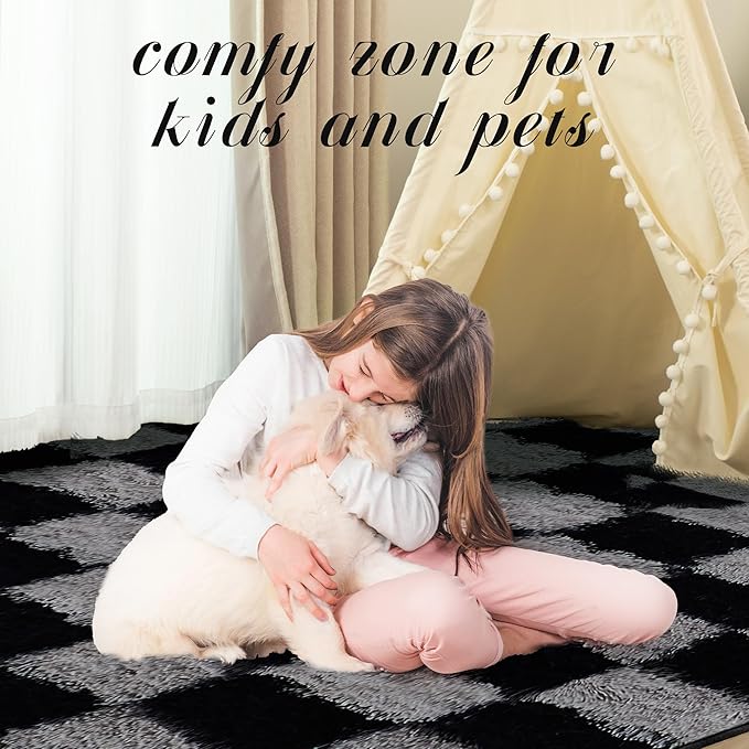 Super Soft Rug for Bedroom, 6x9 Ft Grey and Black Area Rug Classic Checkered Shaggy Rug Anti-Skid High Pile Soft Fluffy Fuzzy Carpet for Living Room Bedroom Kids Room Nursery, Dorm Home Decor