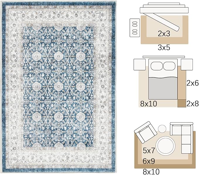 jinchan Floral 2x3 Rugs for Entryway - Machine Washable Dark Blue Vintage Distressed Boho Design Soft Faux Wool Small Non-Slip Doormat for Entrance Kitchen Living Room Bedroom (2‘x3',Dark Blue)