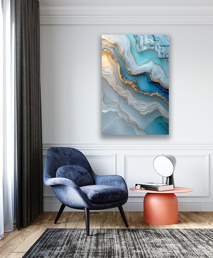 My Photostation.com 27Wx43H'' Turquoise and Blue Alcohol ink Glass Wall Art Tempered Glass Printing Wall Decor Large Wall Art Wall Hangings
