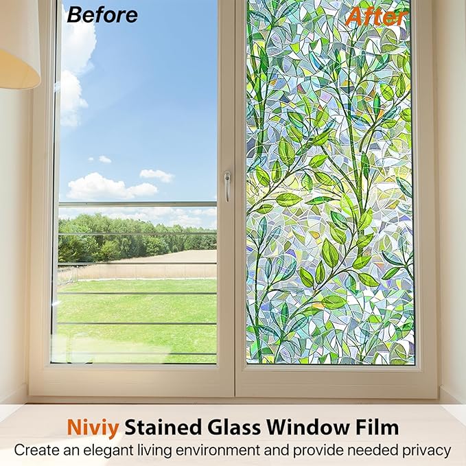 Niviy Window Privacy Film Stained Glass Window Film with Installation Tools, Rainbow Windows Decorative Decals Non-Adhesive Reusable for Home, Bathroom, Glass Door (Leaf Rainbow, 35.4 x 78.7 in)