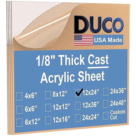 Duco USA-Made Clear Cast Acrylic Sheet 1/8 Inch Thick 12" x 24" - 4 Pack of Transparent Plexiglass Sheet - Lightweight Acrylic Board for Window Replacements, Displays, Signs, and More