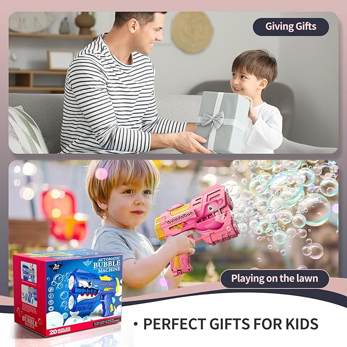 Jasny 2 Pack Rechargeable Dino Bubble Guns for Kids, LED Light Up Bubbles Machine Blower with 2 Bottles Refill Solution for Toddlers, Summer Wedding Toys Gift