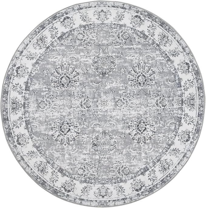 jinchan Round Rug 5ft Area Rug - Indoor Vintage Hallway Circle 5' Washable - Ultra-Thin Low Pile Soft Small Non Slip Distressed Floral Print for Living Room Dining Room Bedroom Entryway Grey