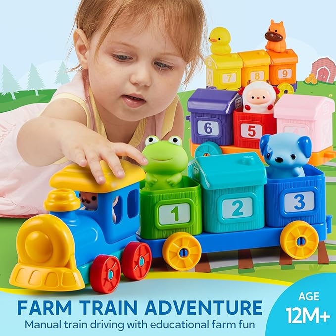 Learning Toy for Toddlers 1 2 3 Years Old, Counting, Matching & Sorting Montessori Learning Farm Train Including 9 Farm Animals and 1 Farmer, Easter Christmas Birthday Gift for Baby Boys Girls