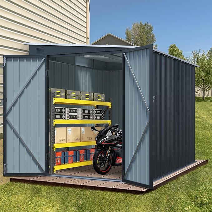 6x8 FT Lean to Shed with Lockable Double Doors, Metal Outdoor Storage Shed with Free PC Light Board for Tools, Outside Storage Shed Waterproof for Backyard, Patio, Garden