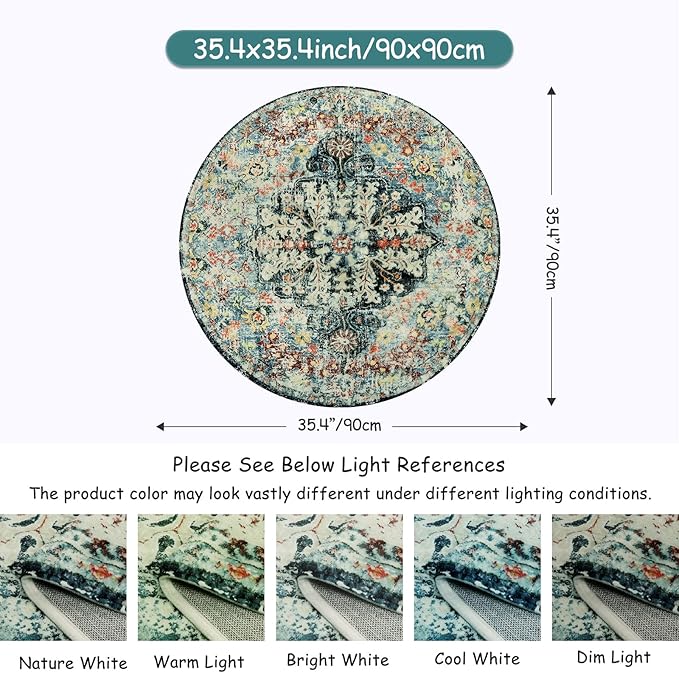 Lahome Bohemian Floral Medallion Round Rug - 3Ft Small Bedroom Round Area Rug Soft Bathroom Circle Mat, Teal Vintage Non Slip Machine Washable Entryway Carpet for Nursery Kitchen Family Room