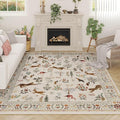 Rugcomf Living Room Rug 5x7 Rug Machine Washable Boho Area Rug Non Slip Floral Animal Vintage Low Pile Large Rugs for Living Room, Bedroom, Farmhouse, Dining Room, Kids Playroom (Beige)