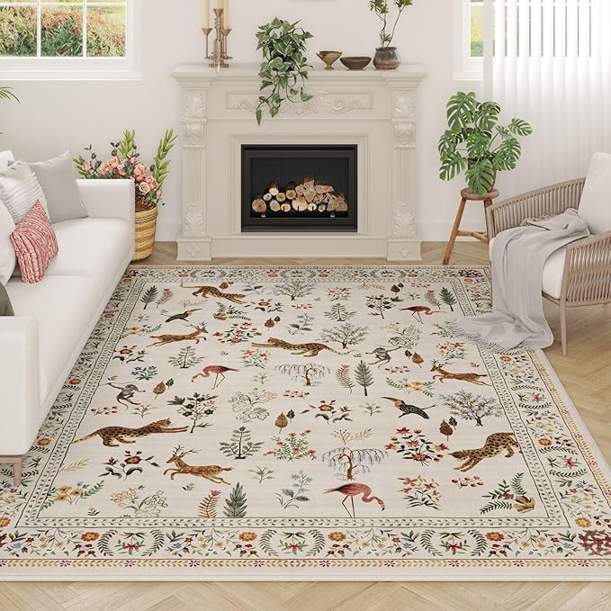 Rugcomf Area Rugs 8x10 Rug for Living Room Clearance Washable Boho Area Rug Non Slip Floral Animal Vintage Low Pile Large Rug for Living Room, Bedroom, Farmhouse, Dining Room, Kids Playroom (Beige)