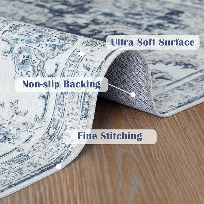 jinchan Runner Rug 3x8-2pcs Kitchen Washable Vintage Hallway Rug Floral Print Floor Cover Indoor Thin Retro Mat Accent for Bathroom Laundry Room Bedroom Office Farmhouse (Double,Dark Blue)
