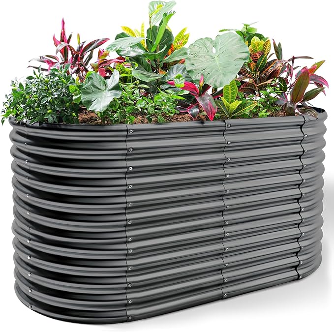 Land Guard 6x3x3ft Oval Galvanized Raised Garden Beds, Large-Capacity Metal Planter Box Outdoor, Durable Deep Raised Garden Bed 3ft Tall, Raised Beds for Gardening Vegetables, Dark Grey