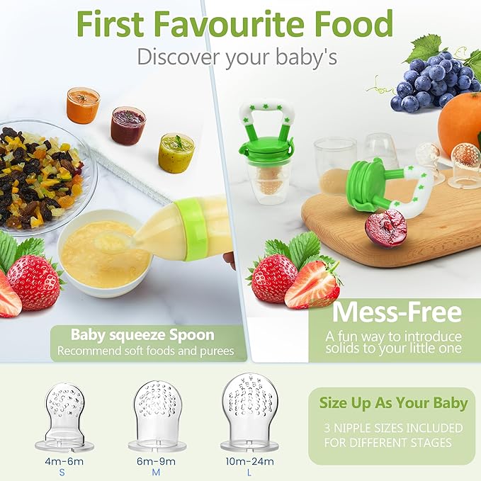 WAJIAYON Baby Fruit Feeder Pacifier - 6 Pack | 2 Infant Food Feeder Pacifier & 2 Baby Food Dispensing Spoon | Fresh Fruit Teethers for Babies | Silicone Feeder Babies,Infant Teething Feeders (Green)