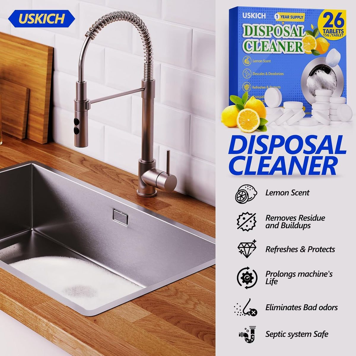 Garbage Disposal Cleaner Deodorizer Tablets 26Pack,XL Powerful Foaming Kitchen Sink Cleaners- Fresh Lemon Scented Disposal Cleaner, Natural Drain Garbage Disposer Cleaning- 1 Year Supply