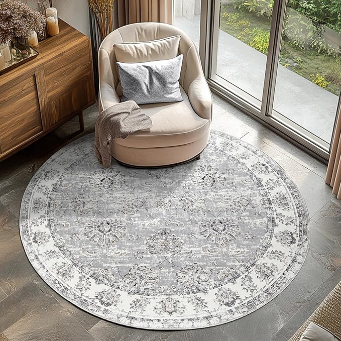 jinchan Round Rug 5ft Area Rugs Vintage Floral Distressed Design - Machine Washable Non-Slip Low-Pile Ultra-Thin Circle Rug for Entryway Bedside Living Room Dining Room Bedroom (5' Round,Grey)