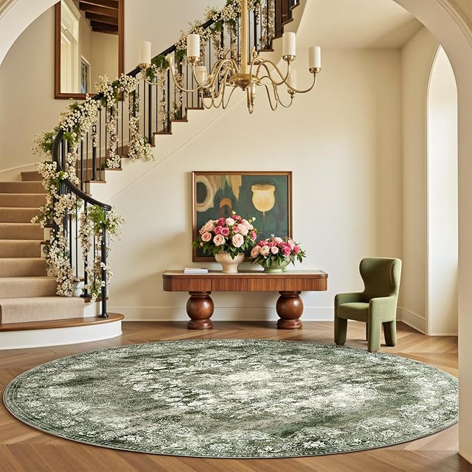 jinchan Round Rug 7ft Area Rug - Green Vintage Floor Mat Kitchen Indoor - Washable Circle 7' Thin Floral Print Carpet Retro Farmhouse Non Slip Dining Room Living Room Bedroom Office