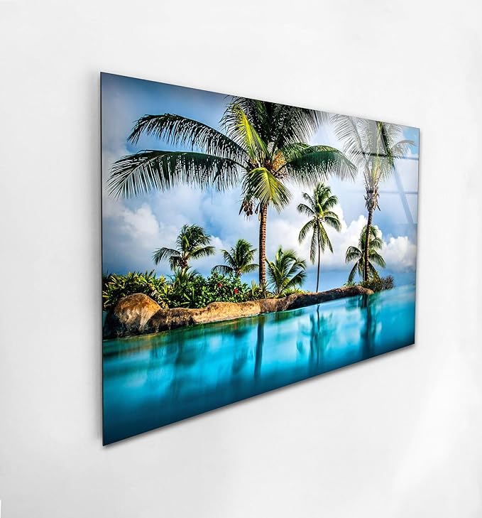 My Photostation.com 30Wx24H'' Island & Blue Sea Glass Wall ArtTempered Glass Printing Wall Decor Large Wall Art Wall Hangings