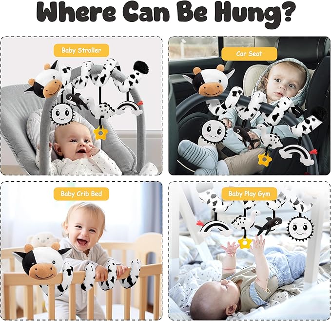Spiral Car Seat Baby Toys 0-6 Months, Infant Carseat High Contrast Sensory Toys Hanging Stroller Accessories, Newborn Gifts for Baby Boys Girls Essentials, Cute Black and White Cow