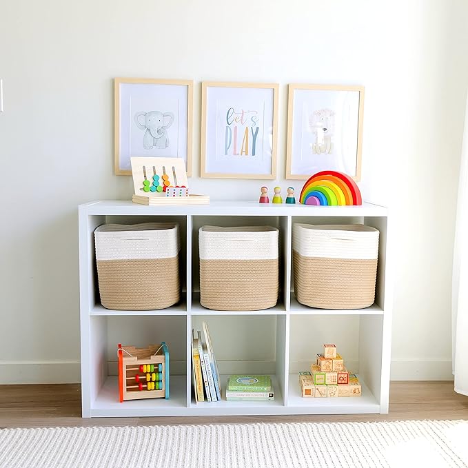 NaturalCozy Storage Cubes 11 Inch Cotton Rope Woven Baskets for Organizing, 3-Pack | Cube Storage Bin | Square Storage Baskets for Shelves Organizer, Classroom, Kids Toy Bins, Closet, Baby Nursery