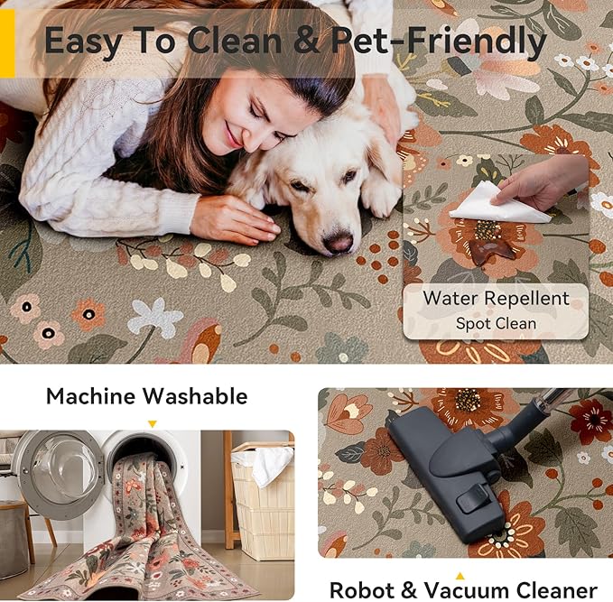 Floral 5x7 Area Rug Machine Washable Soft Print Boho Carpet Non Slip Doormat Low Pile Flower Area Rugs for Living Room Bedroom Nursery Kitchen Dining Room Indoor-Brown/Brick