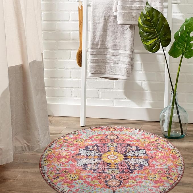 Lahome Bohemian Floral Medallion Round Rug - 3Ft Small Hot Pink Round Area Rug for Girls Bedroom Nursery Mat, Boho Washable Soft Indoor Throw Entryway Carpet for Living Room Office Coffee Table