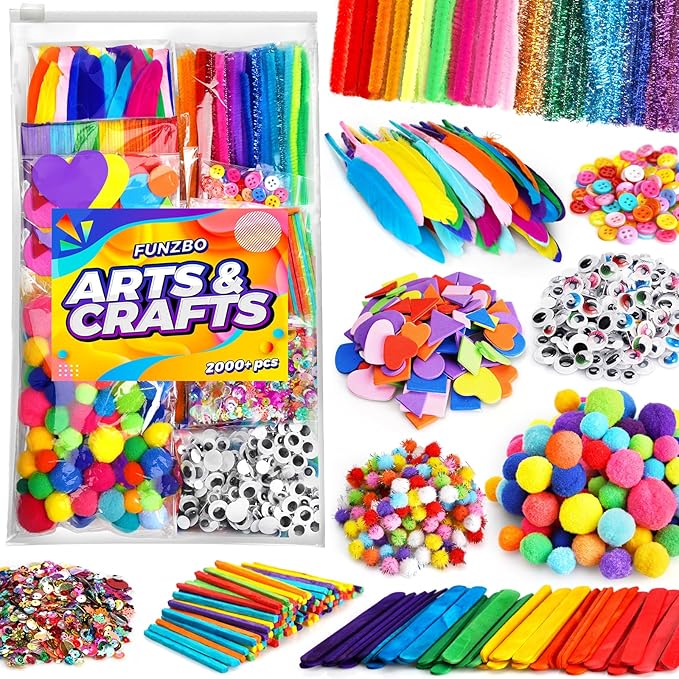FUNZBO 2000Pcs+ Arts & Crafts Supplies Kits for Kids, DIY Craft Supplies for Toddlers Art Supply Tools Set Include Pipe Cleaners,Pom Poms and Feather, Crafts Birthday Gifts for Kid Girls Ages 4-8-12