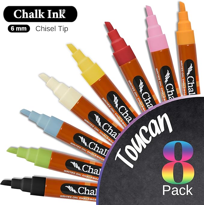 Chalk Ink Chisel Tip Wet Wipe Chalk Markers (Toucan, 6mm, 8 Pack)