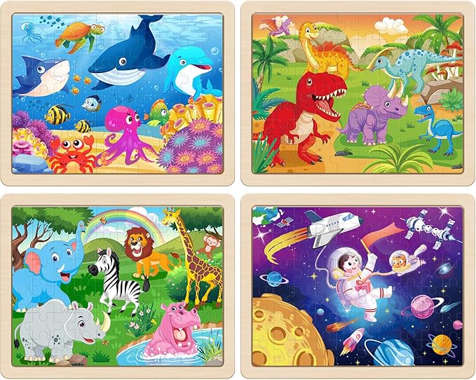 Wooden Puzzles for Kids Ages 4-6, 4 Packs 60 PCs Animal Dinosaur Jigsaw Puzzles for Children Ages 4-8,Preschool Educational Puzzles Boards Toys Gifts for Boys Girls