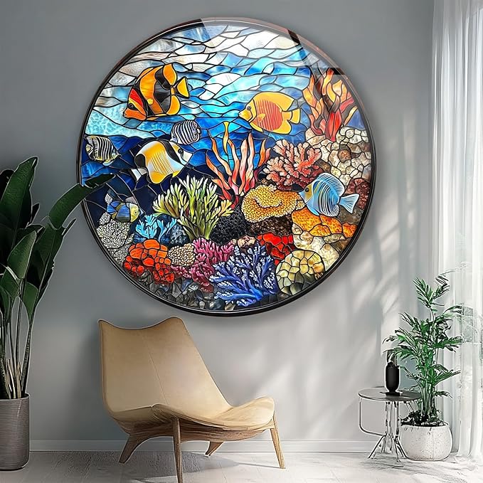 My Photostation.com 24''(60cm) Diameter Coral Reef Mosaic Round Glass Wall Art Tempered Glass Printing Wall Decor Large Wall Art Wall Hangings