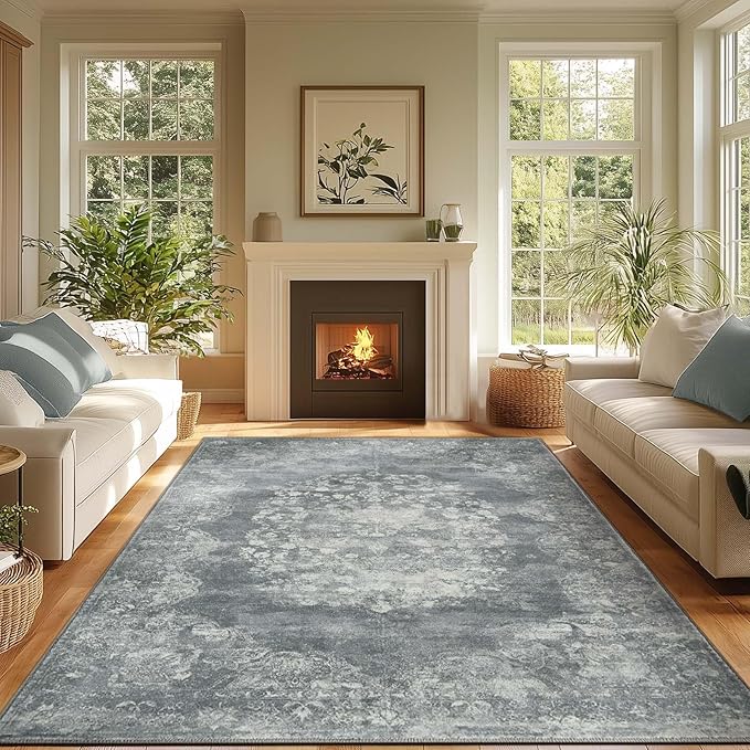 jinchan Washable Area Rug 8x10 for Living Room - Soft Faux Wool Ultra-Thin Stain Resistant Non-Slip Distressed Vintage Floral Large Carpet for Bedroom,Dining Room,Home Office,Nursery(Grey, 8'x10')
